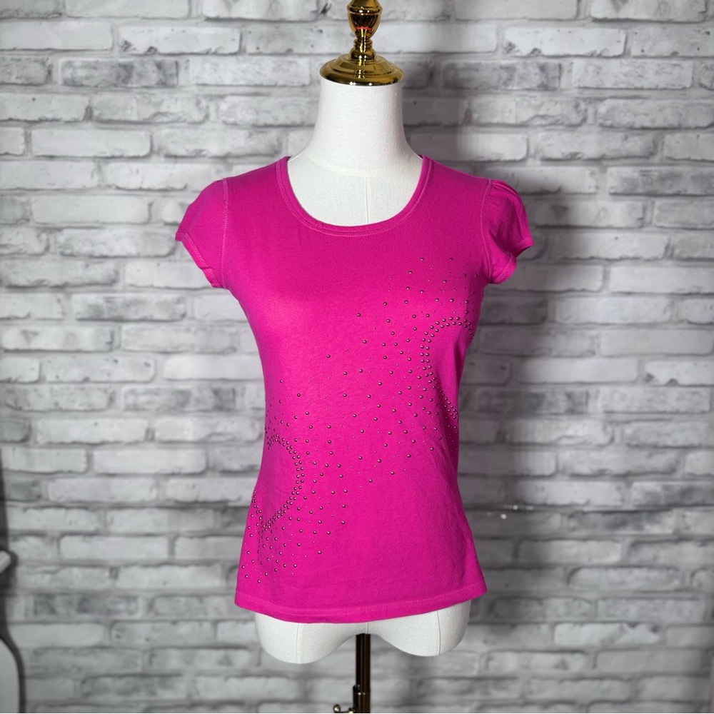Y2K Candie's Vintage Fuchsia Pink Short Sleeve Heart Rhinestone Baby Tee